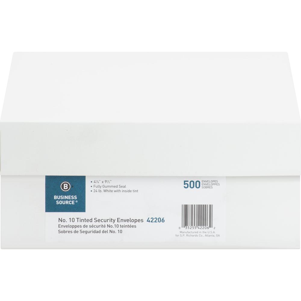 Business Source No.10 Regular Tint Security Envelopes - Security - #10 - 4 1/8" Width x 9 1/2" Length - 24 lb - Gummed - White - Wove - 1 Box. Picture 3