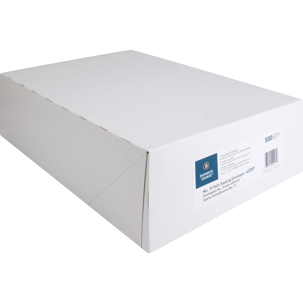 Business Source No.10 Standard Window Invoice Envelopes - Single Window - 9 1/2" Width x 4 1/2" Length - 24 lb - Self-sealing - White - Poly - 1 Box. Picture 5