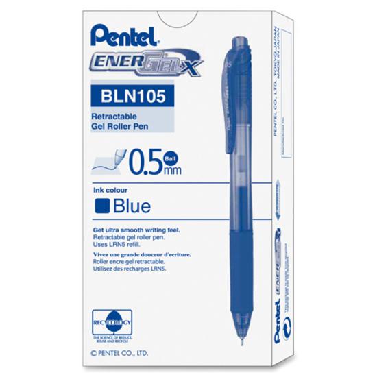 EnerGel EnerGel-X Retractable Gel Pens - Fine Pen Point - 0.5 mm Pen Point Size - Needle Pen Point Style - Refillable - Retractable - Blue Gel-based Ink - Blue Barrel - 12 / Box. Picture 2