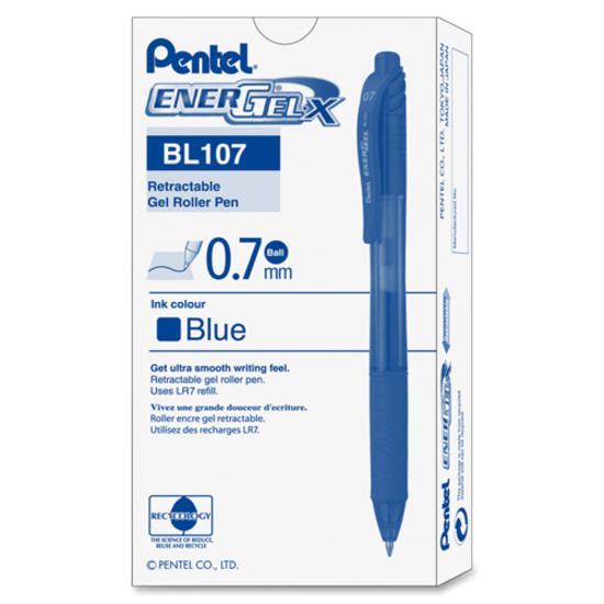 EnerGel EnerGel-X Retractable Gel Pens - Medium Pen Point - 0.7 mm Pen Point Size - Refillable - Retractable - Blue Gel-based Ink - Blue Barrel - Metal Tip - 12 / Box. Picture 2
