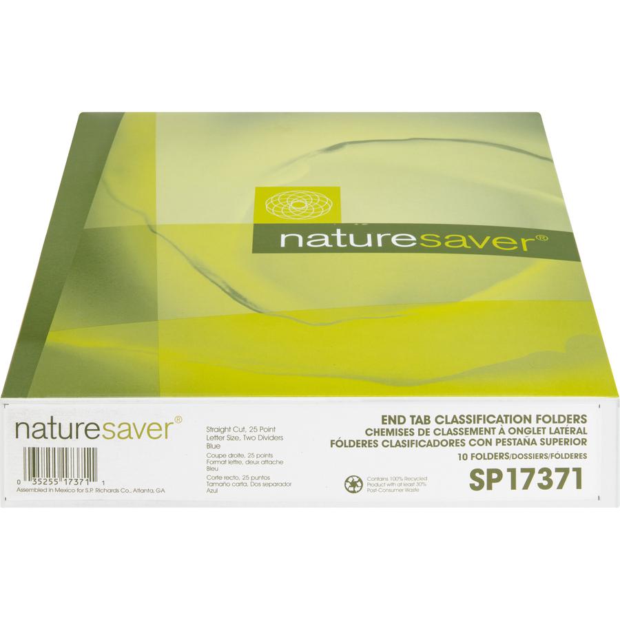 Nature Saver Letter Recycled Classification Folder - 8 1/2" x 11" - End Tab Location - 2 Divider - 25 pt. - Fiberboard - Blue - 100% Recycled - 10 / Box. Picture 3
