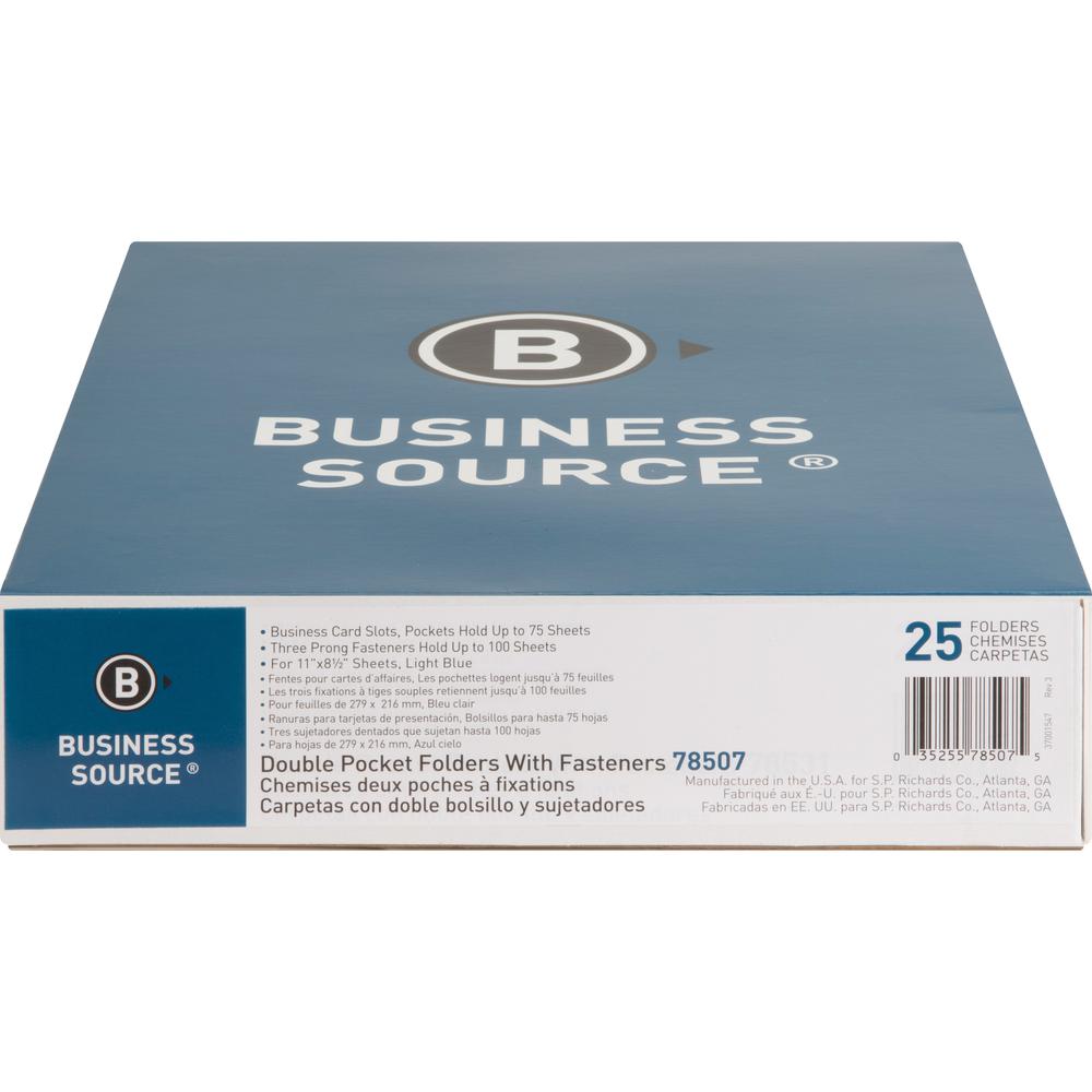 Business Source Letter Recycled Pocket Folder - 8 1/2" x 11" - 100 Sheets Capacity - 3 x Prong Fastener - 1/2" Fastener Capacity - 2 Inside Front & Back Pocket - Leatherette - Light Blue - 35% Recycle. Picture 2