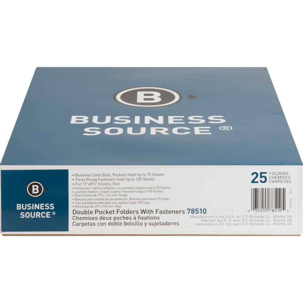 Business Source Letter Recycled Pocket Folder - 8 1/2" x 11" - 100 Sheets Capacity - 3 x Prong Fastener - 1/2" Fastener Capacity - 2 Inside Front & Back Pocket - Leatherette - Red - 35% Recycled - 25 . Picture 2