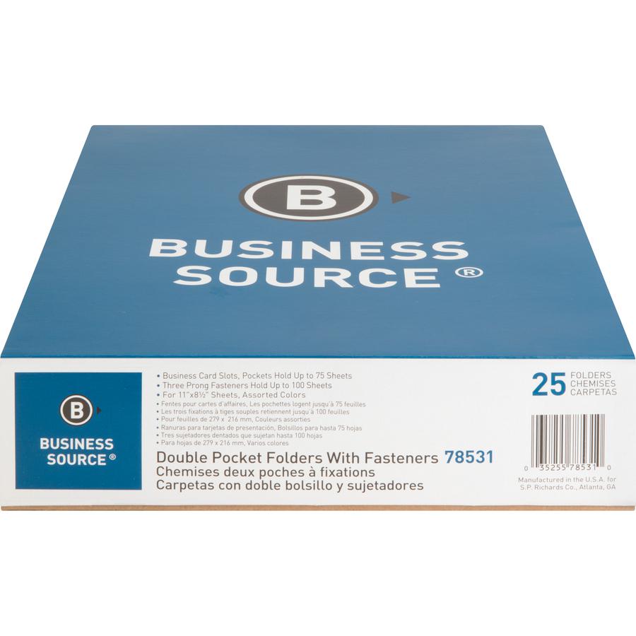 Business Source Letter Recycled Pocket Folder - 8 1/2" x 11" - 100 Sheets Capacity - 3 x Prong Fastener - 2 Inside Front & Back Pocket - Leatherette - Assorted - 35% Recycled - 25 / Box. Picture 3