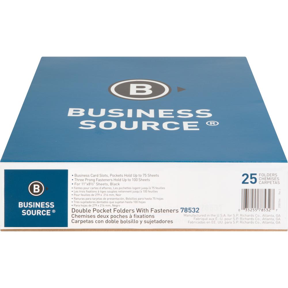 Business Source Letter Recycled Pocket Folder - 8 1/2" x 11" - 100 Sheets Capacity - 3 x Prong Fastener - 2 Inside Front & Back Pocket - Leatherette - Black - 35% Recycled - 25 / Box. Picture 3
