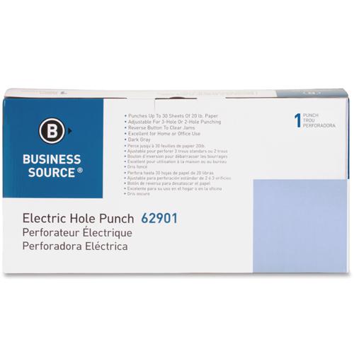 Business Source Electric Adjustable 3-hole Punch - 3 Punch Head(s) - 30 Sheet of 20lb Paper - 1/4" Punch Size - 17.8" Width x 5.3" Depth x 8.3" Height - Gray. Picture 9