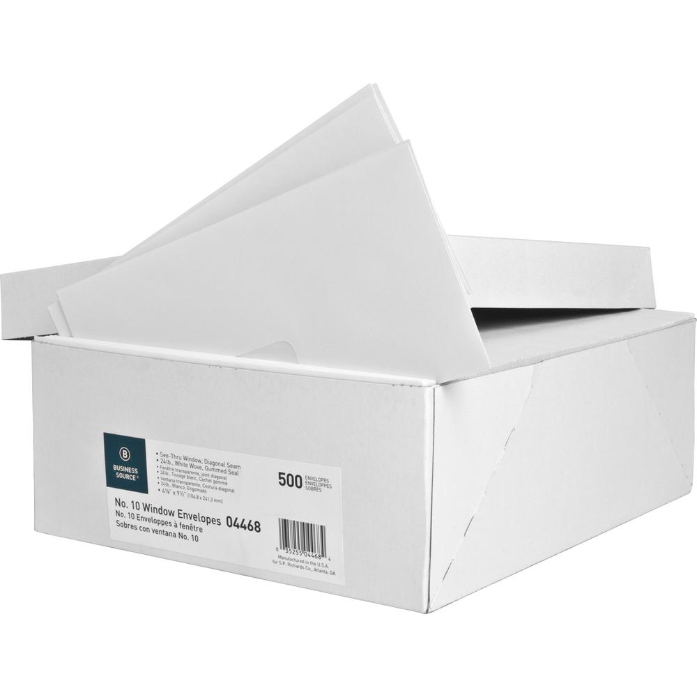Business Source No. 10 Diagonal Seam Window Envelopes - Single Window - #10 - 4 1/8" Width x 9 1/2" Length - 24 lb - Gummed - White - Wove - 500 / Box. Picture 5
