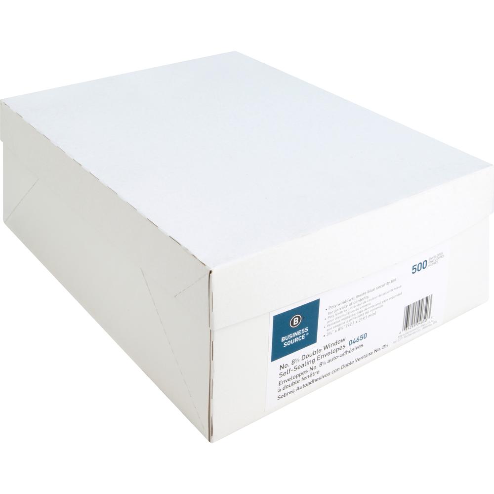Business Source Double Window No. 8-5/8 Check Envelopes - Double Window - #8 5/8 - 8 5/8" Width x 3 5/8" Length - 24 lb - Self-sealing - White - 500 / Box. Picture 4