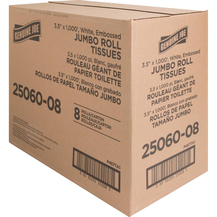 Genuine Joe Jumbo Dispenser Roll Bath Tissue - 2 Ply - 3.50" Width x 1000 ft Length - 9" Roll Diameter - 3 19/64" Core - White - 8 / Carton. Picture 9