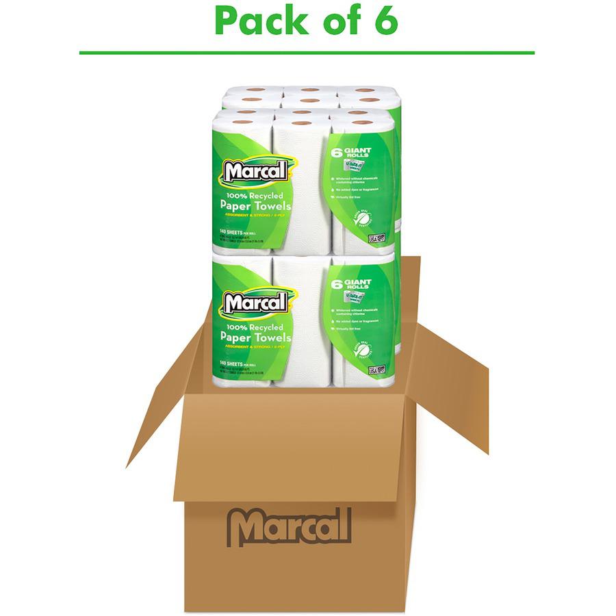 Marcal 100% Recycled Giant Roll Paper Towels - 2 Ply - 140 Sheets/Roll - White - 6 Rolls Per Container - 6 / Pack. Picture 4
