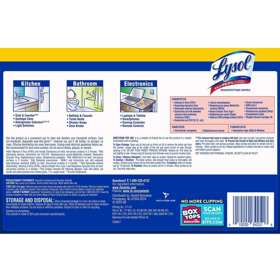 Lysol Lemon/Lime Disinfecting Wipes - For Multi Surface, Multipurpose - Lemon, Lime Blossom Scent - 80 / Canister - 3 / Pack - Pre-moistened, Deodorize, Disinfectant, Anti-bacterial - White. Picture 6