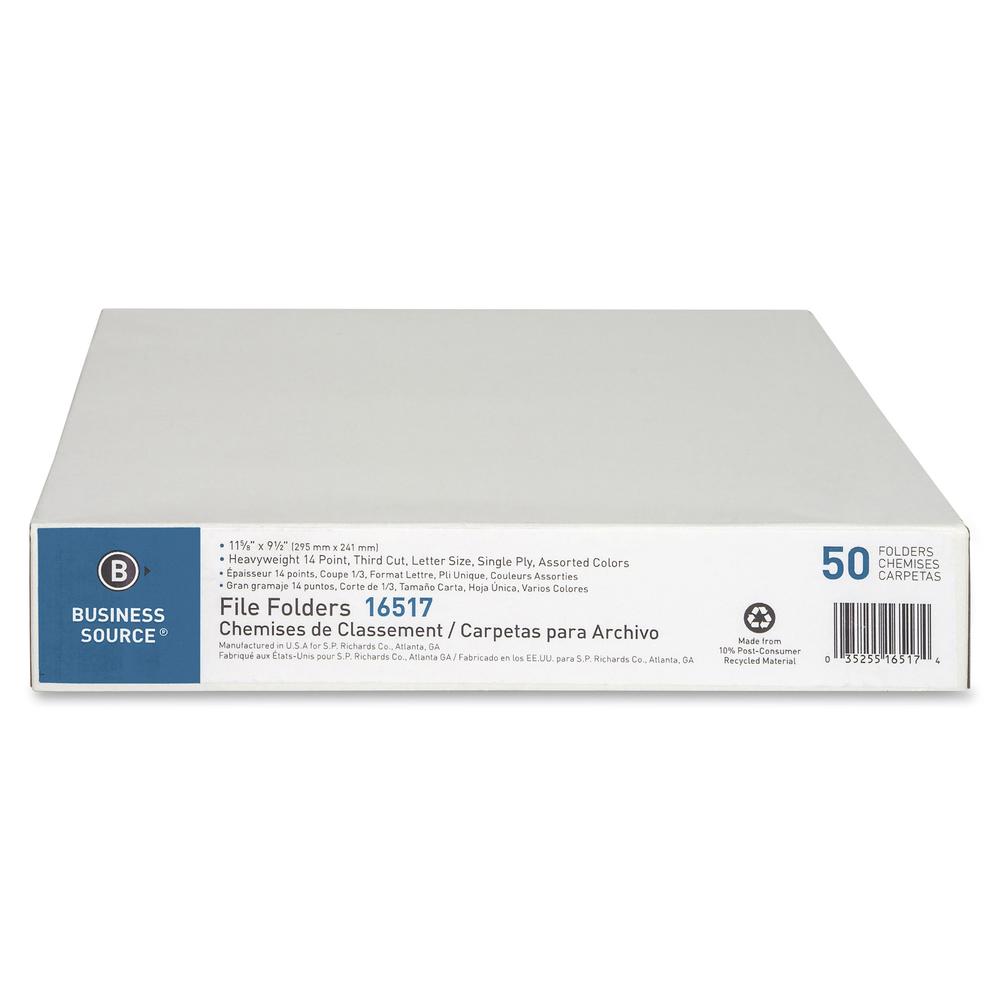 Business Source 1/3 Tab Cut Letter Recycled Top Tab File Folder - 8 1/2" x 11" - Top Tab Location - Assorted Position Tab Position - Assorted - 10% Recycled - 50 / Box. Picture 4