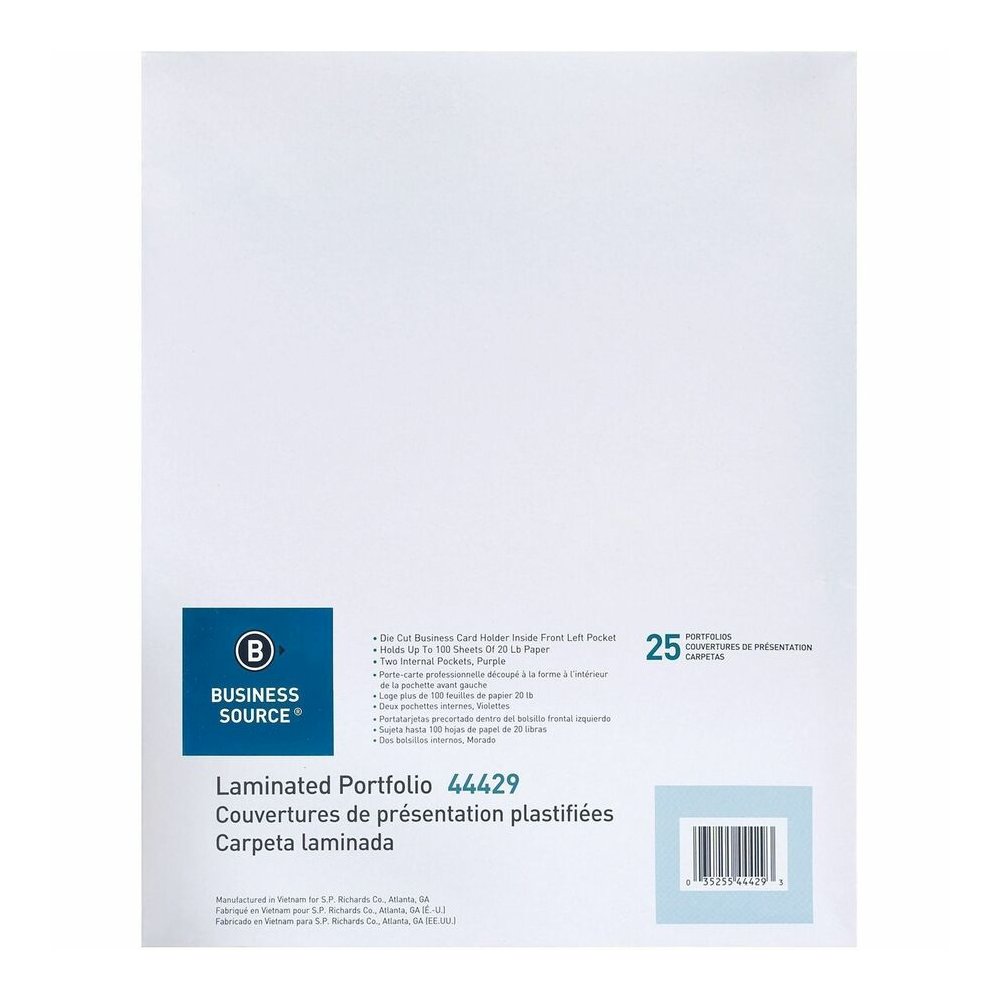 Business Source Letter No Pocket Folder - 8 1/2" x 11" - 100 Sheets Capacity - 2 Internal Pocket - Card Paper - Purple - Durable, Laminated, Die-cut - 1 Box. Picture 6