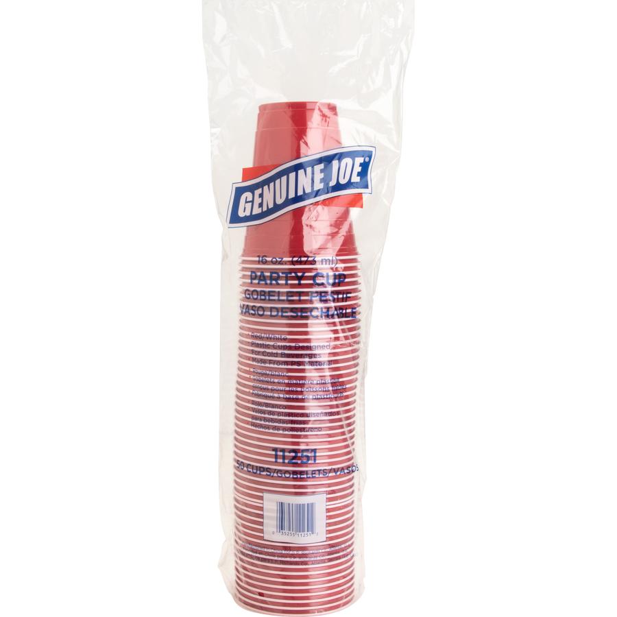 Genuine Joe 16 oz Party Cups - 16 fl oz - Red - Plastic - Party, Cold Drink - 50 / Pack. Picture 3