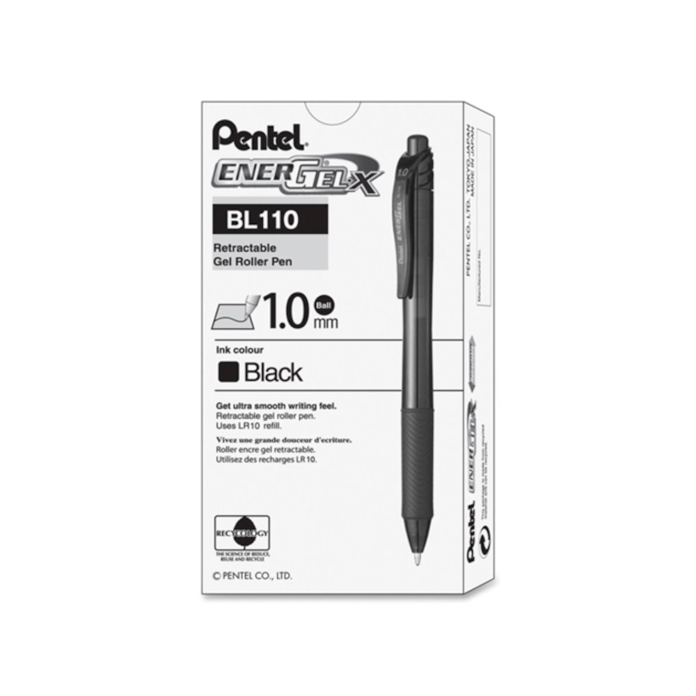 Pentel EnerGel-X Rollerball Pen - Refillable - Retractable - Black Ink - Gel-based - Black Barrel - Metal Tip - 1 Dozen. Picture 3