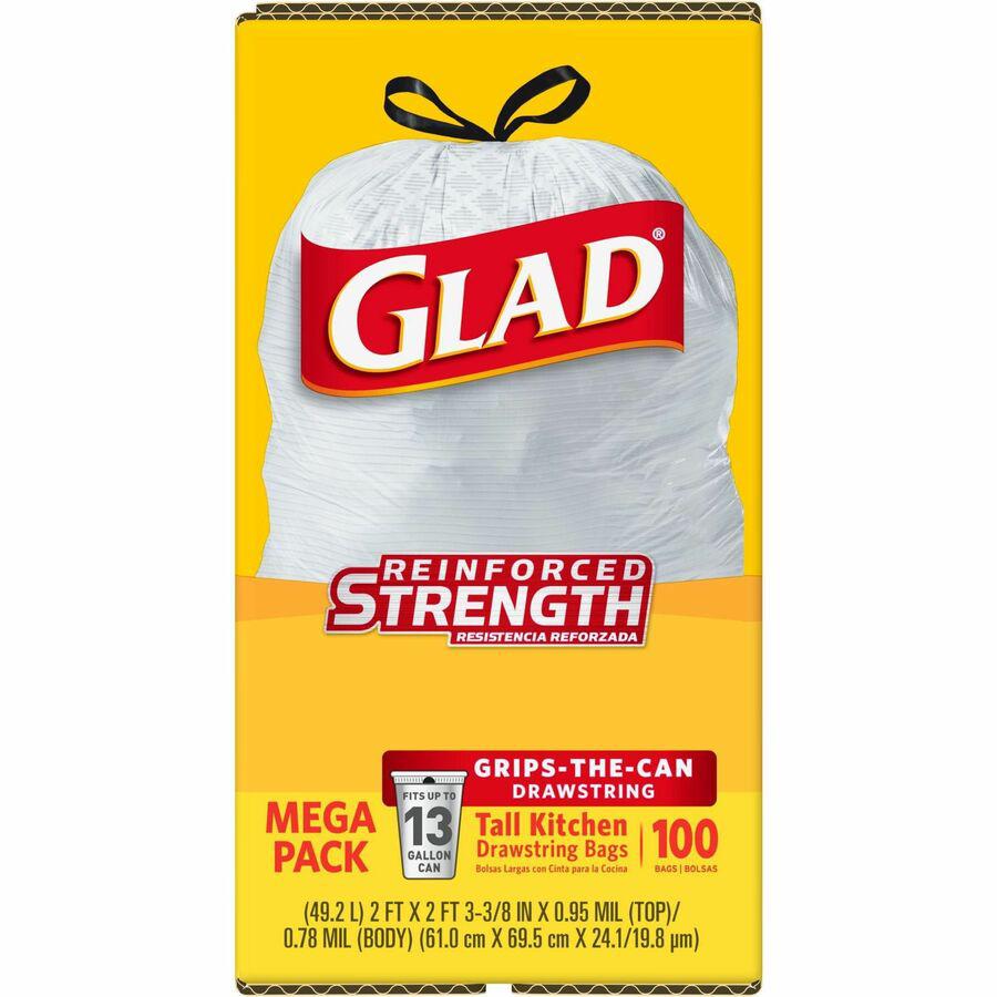 Glad ForceFlex Tall Kitchen Drawstring Trash Bags - 13 gal Capacity - 24" Width x 27" Length - 9 mil (229 Micron) Thickness - Drawstring Closure - White - Plastic - 100/Box - Kitchen, Office, Day Care. Picture 14