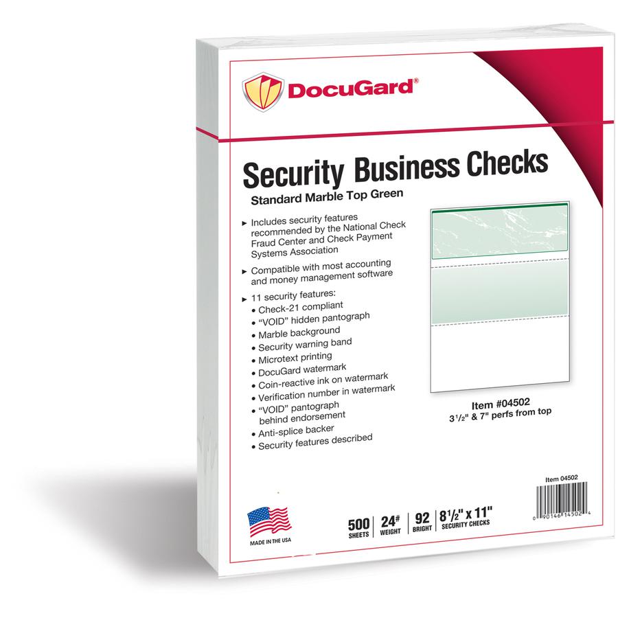 DocuGard High Security Green Marble Business Checks with 11 Features to Prevent Fraud - Letter - 8 1/2" x 11" - 24 lb Basis Weight - 500 / Ream - Erasure Protection, Watermarked - Marble Green. Picture 3