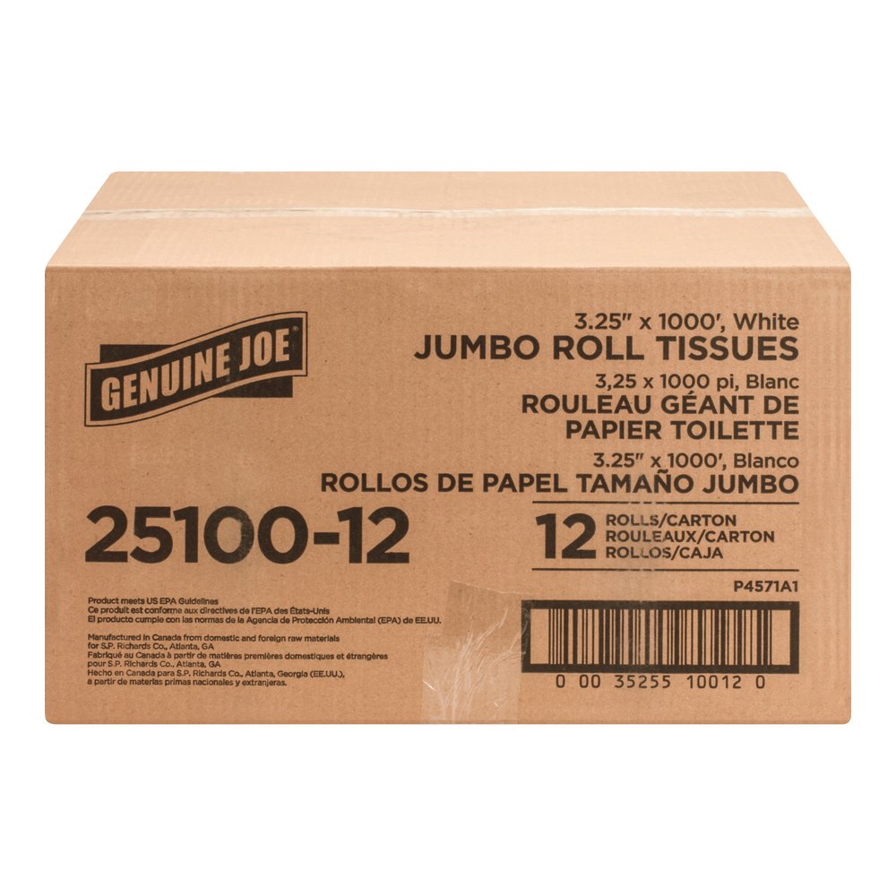 Genuine Joe Jumbo Roll Bath Tissues - 2 Ply - 3.25" Width x 1000 ft Length - 9" Roll Diameter - 3 19/64" Core - White - 12 / Carton. Picture 3