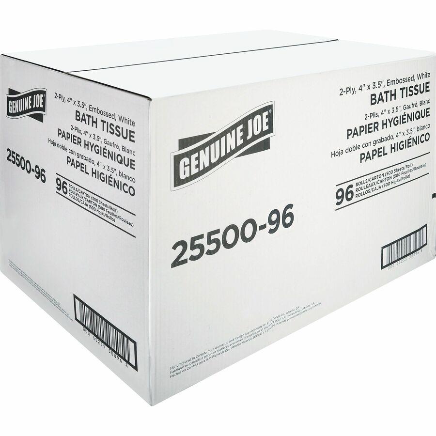 Genuine Joe 2-ply Standard Bath Tissue Rolls - 2 Ply - 4" x 3.20" - 500 Sheets/Roll - 1.63" Core - White - 96 / Carton. Picture 7