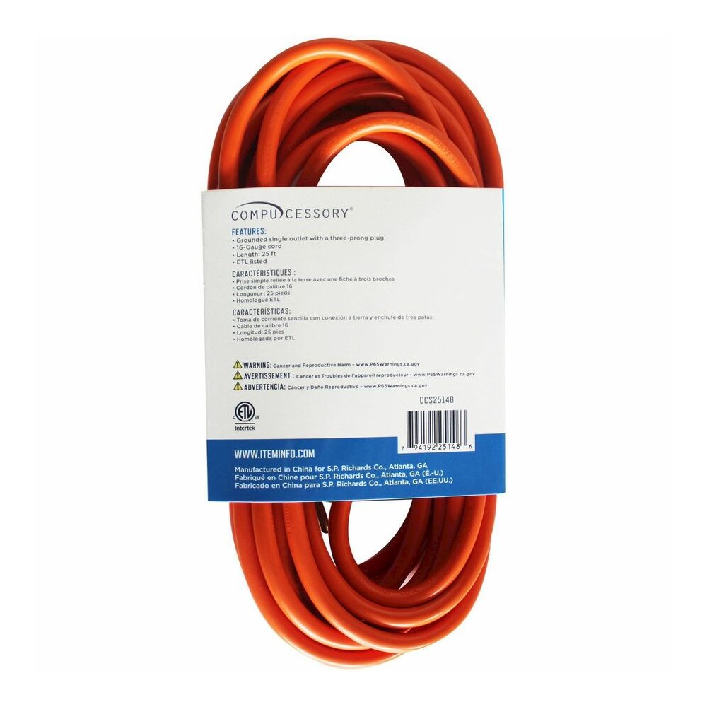 Compucessory Heavy-duty Indoor/Outdoor Extension Cord - 16 Gauge - 125 V AC / 13 A - Orange - 25 ft Cord Length - 1 Each. Picture 2