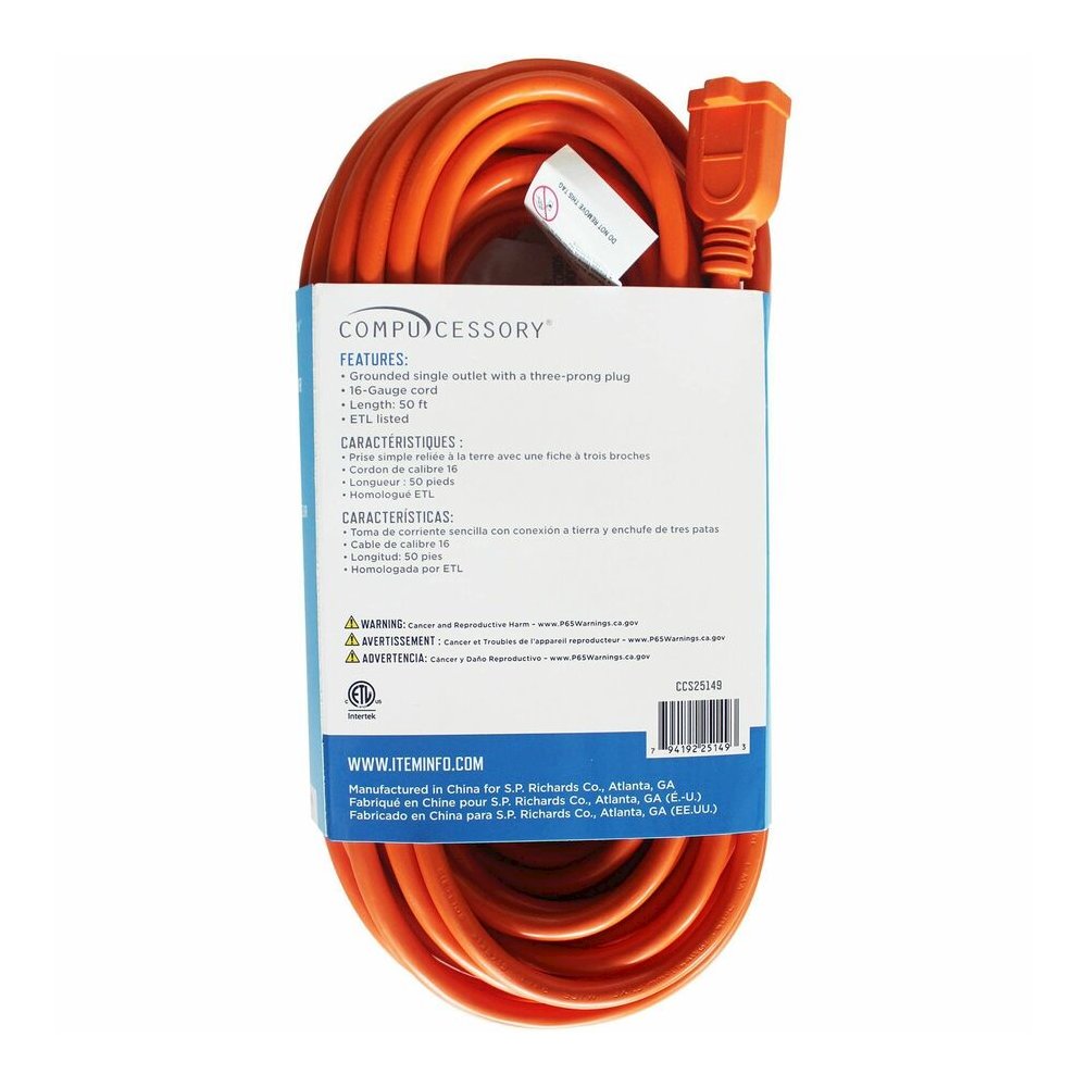 Compucessory Heavy-duty Indoor/Outdoor Extension Cord - 16 Gauge - 125 V AC / 13 A - Orange - 50 ft Cord Length - 1 Each. Picture 3