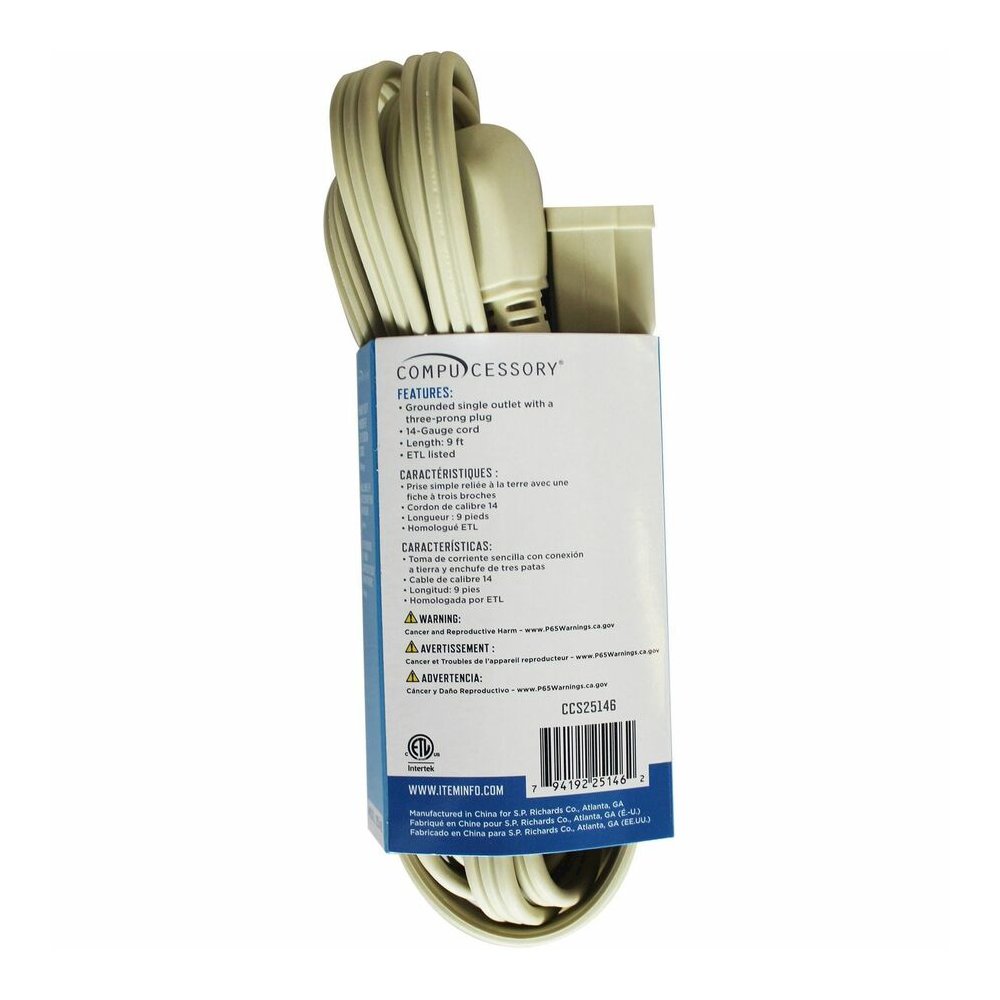 Compucessory Heavy Duty Indoor Extension Cord - 14 Gauge - 125 V AC / 15 A - Beige - 9 ft Cord Length - 1 Each. Picture 2