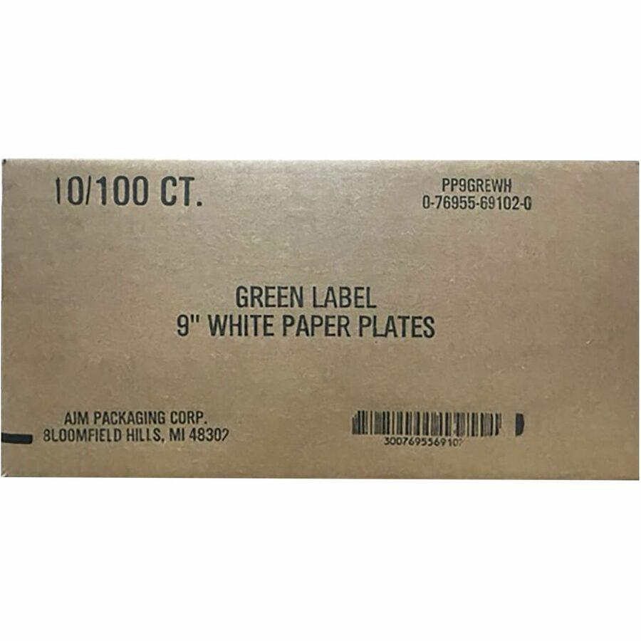AJM Green Label 9" Economy Paper Plates - 100 / Pack - Microwave Safe - 9" Diameter - White - Paper Body - 10 / Carton. Picture 8