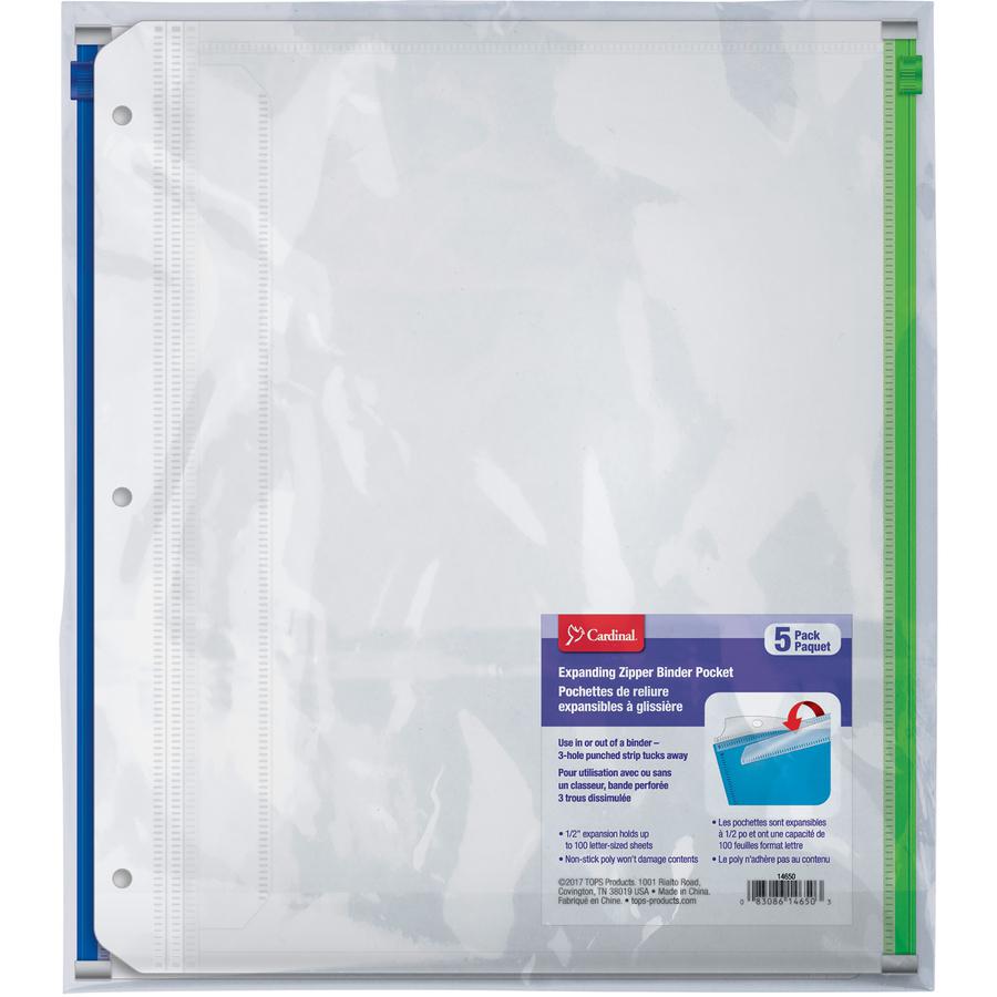 Cardinal Zipper Binder Pockets - 0.50" Maximum Capacity - 100 x Sheet Capacity - For Letter 8 1/2" x 11" Sheet - 3 x Holes - Ring Binder - Rectangular - Blue, Black, Red, Purple, Green - Poly - 5 / Pa. Picture 4