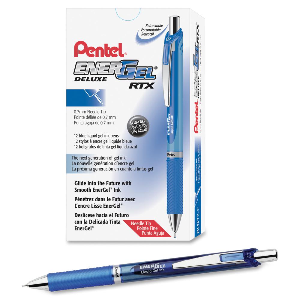 EnerGel EnerGel RTX Liquid Gel Pens - Medium Pen Point - 0.7 mm Pen Point Size - Needle Pen Point Style - Refillable - Retractable - Blue Gel-based Ink - Blue, Silver Barrel - Stainless Steel Tip - 1 . Picture 3