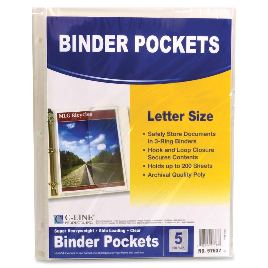 C-Line Super Heavyweight Poly Binder Pockets - Clear, Side Loading, 11 x 8-1/2, 5/PK, 57537. Picture 3