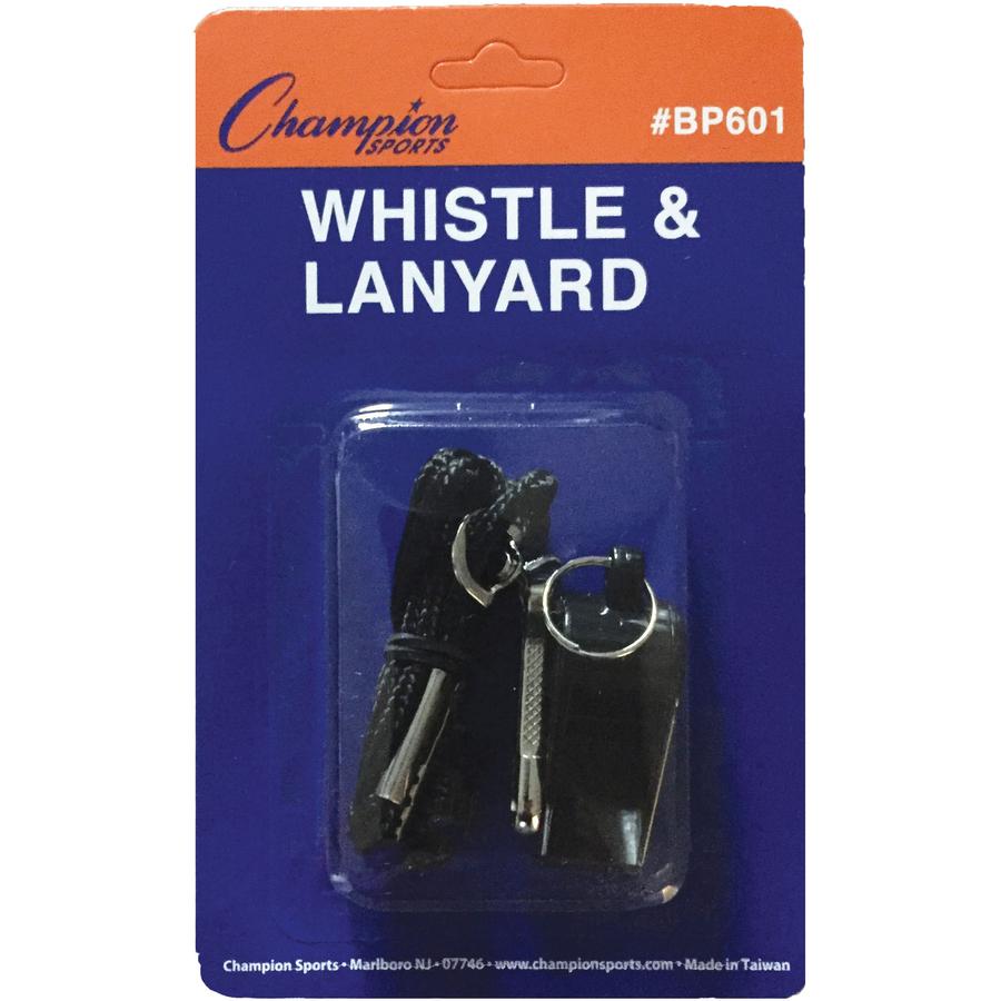 Champion Sports Plastic Whistle/Bulk Lanyard Pack - 1 Dozen - Black, Silver - Metal, Nylon, Plastic. Picture 3