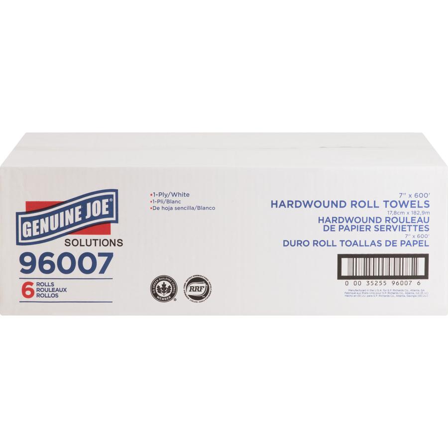 Genuine Joe Solutions 1-ply Hardwound Towels - 1 Ply - 7" x 600 ft - 0.98" Core - White - Virgin Fiber - 6 / Carton. Picture 4