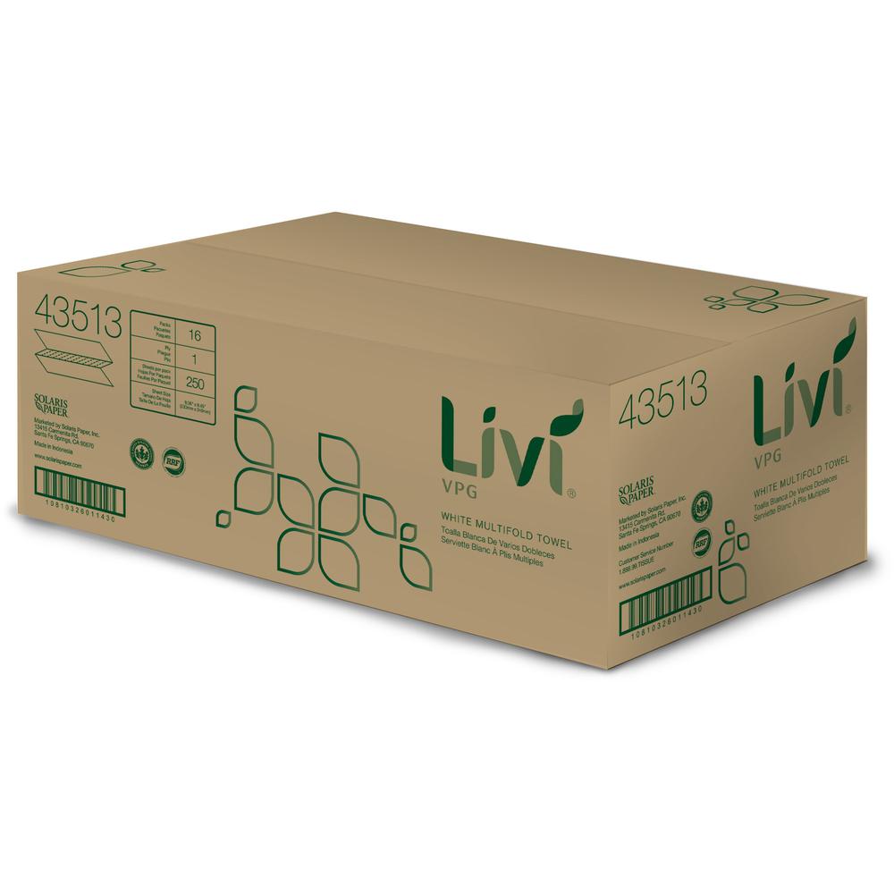 Livi VPG MultiFold Towel - 1 Ply - Multifold - 9.06" Width x 9.45" Length - White - Virgin Fiber, Paper - 250/Pack - 16 / Carton. Picture 2
