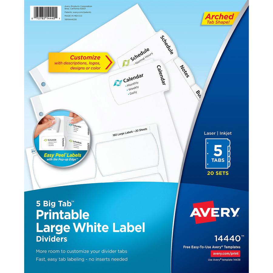 Avery&reg; Big Tab Tab Divider - 100 x Divider(s) - 5 - 5 Tab(s)/Set - 8.5" Divider Width x 11" Divider Length - 3 Hole Punched - White Paper Divider - White Paper Tab(s) - Recycled - 20 / Box. Picture 4
