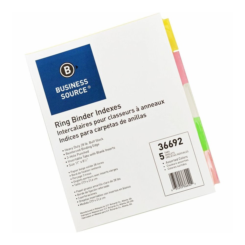 Business Source Insertable Tab Ring Binder Indexes - 5 Blank Tab(s) - 2" Tab Width - 8.5" Divider Width x 11" Divider Length - Letter - 3 Hole Punched - Multicolor Tab(s) - Tear Resistant, Reinforced . Picture 5
