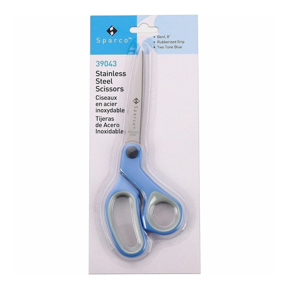 Sparco Bent Multipurpose Scissors - 8" Overall Length - Bent - Stainless Steel - Blue - 3 / Bundle. Picture 3