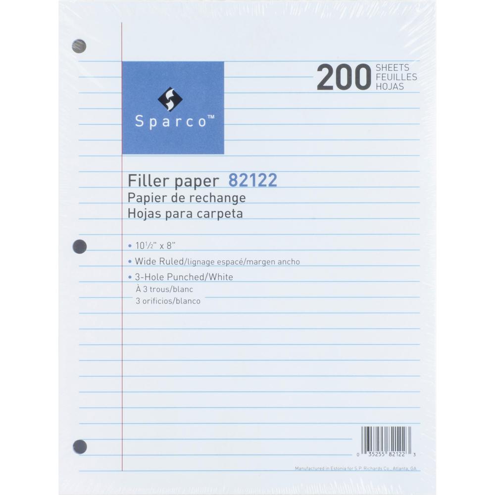 Sparco 3HP Filler Paper - 2400 Sheets - Wide Ruled Front Ruling - Ruled Red Margin - 16 lb Basis Weight - 8" x 10 1/2" Sheet Size - White Paper - Bleed-free - 200/Pack - 12 / Bundle. Picture 2