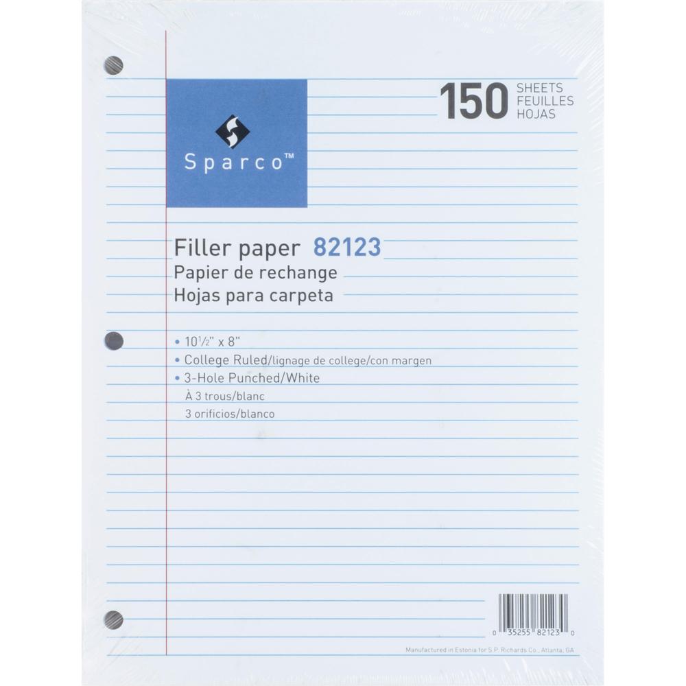 Sparco 3HP Filler Paper - 1800 Sheets - College Ruled Front Ruling - Ruled Red Margin - 16 lb Basis Weight - 8" x 10 1/2" Sheet Size - White Paper - Bleed-free - 150/Pack - 12 / Bundle. Picture 4