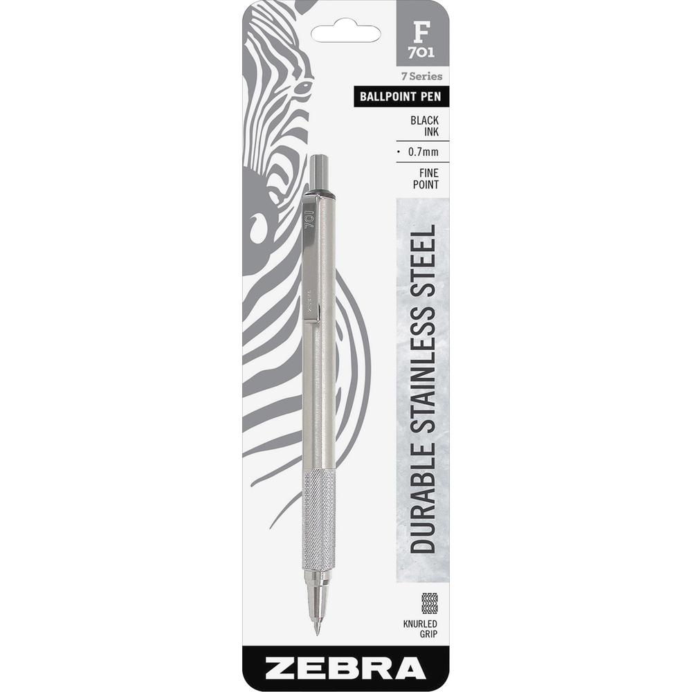 Zebra Pen STEEL 7 Series F-701 Retractable Ballpoint Pen - Refillable - Retractable - Black Ink - Stainless Steel Barrel - 6 / Box. Picture 4