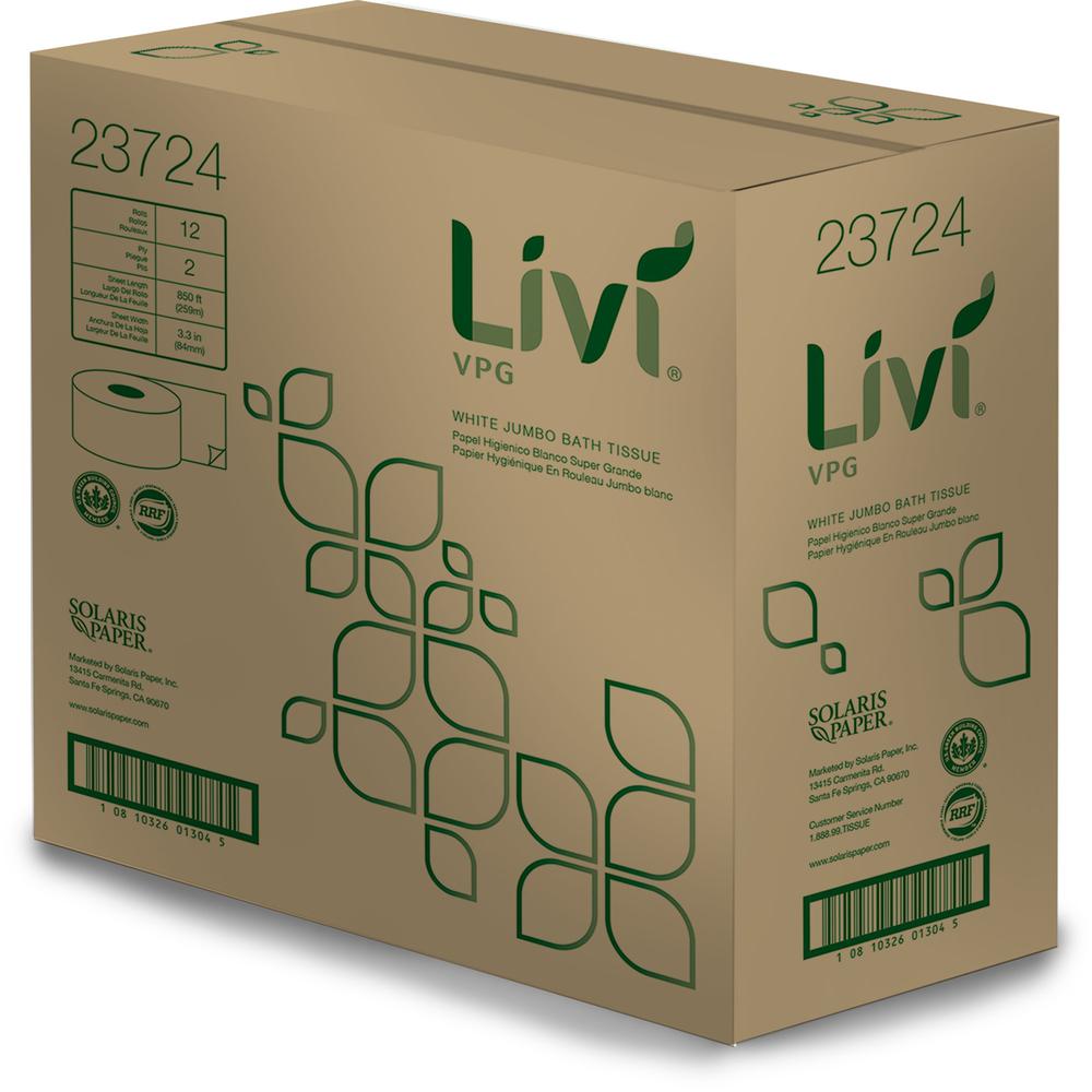 Livi Jumbo Bath Tissue - 2 Ply - 3.30" Width x 850 ft Length - 3 19/64" Core - White - Fiber - 12 / Carton. Picture 4
