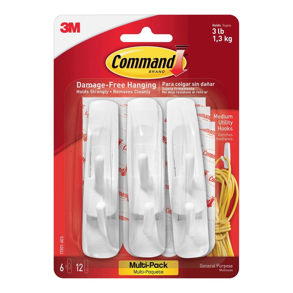 Command Medium Utility Hooks with Adhesive Strips - 3 lb (1.36 kg) Capacity - for Paint, Wood, Tile - White - 2 / Bag. Picture 2