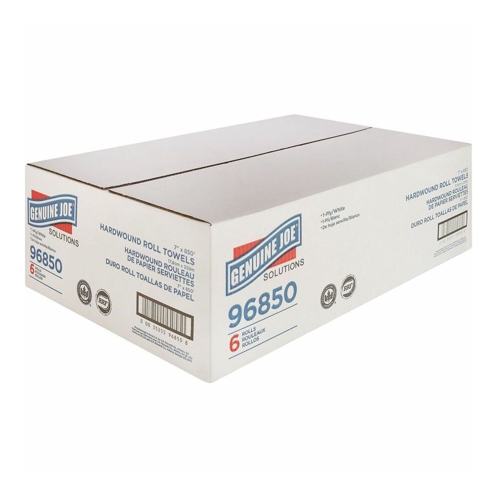Genuine Joe Solutions Hardwound Paper Towels - 1 Ply - 7" Width x 850 ft Length - White - 65 / Pallet. Picture 6