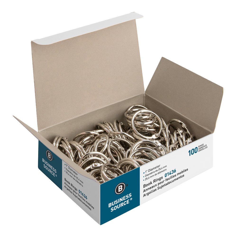Business Source Standard Book Rings - 1" Diameter - Silver - Nickel Plated - 100/Box - 5 / Bundle. Picture 5