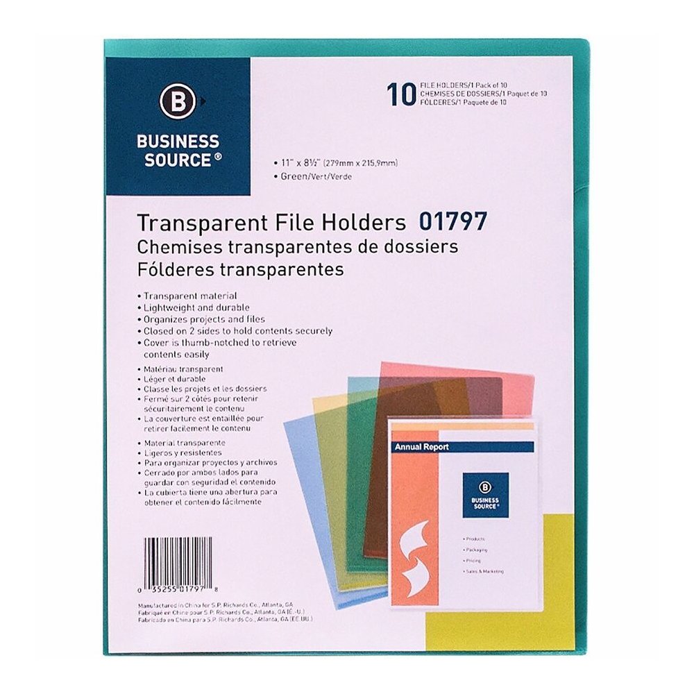 Business Source Letter File Sleeve - 8 1/2" x 11" - 20 Sheets Capacity - Green - Water Resistant, Transfer Safe, Lightweight, Transparent - 10/Pack - 5 / Box. Picture 6
