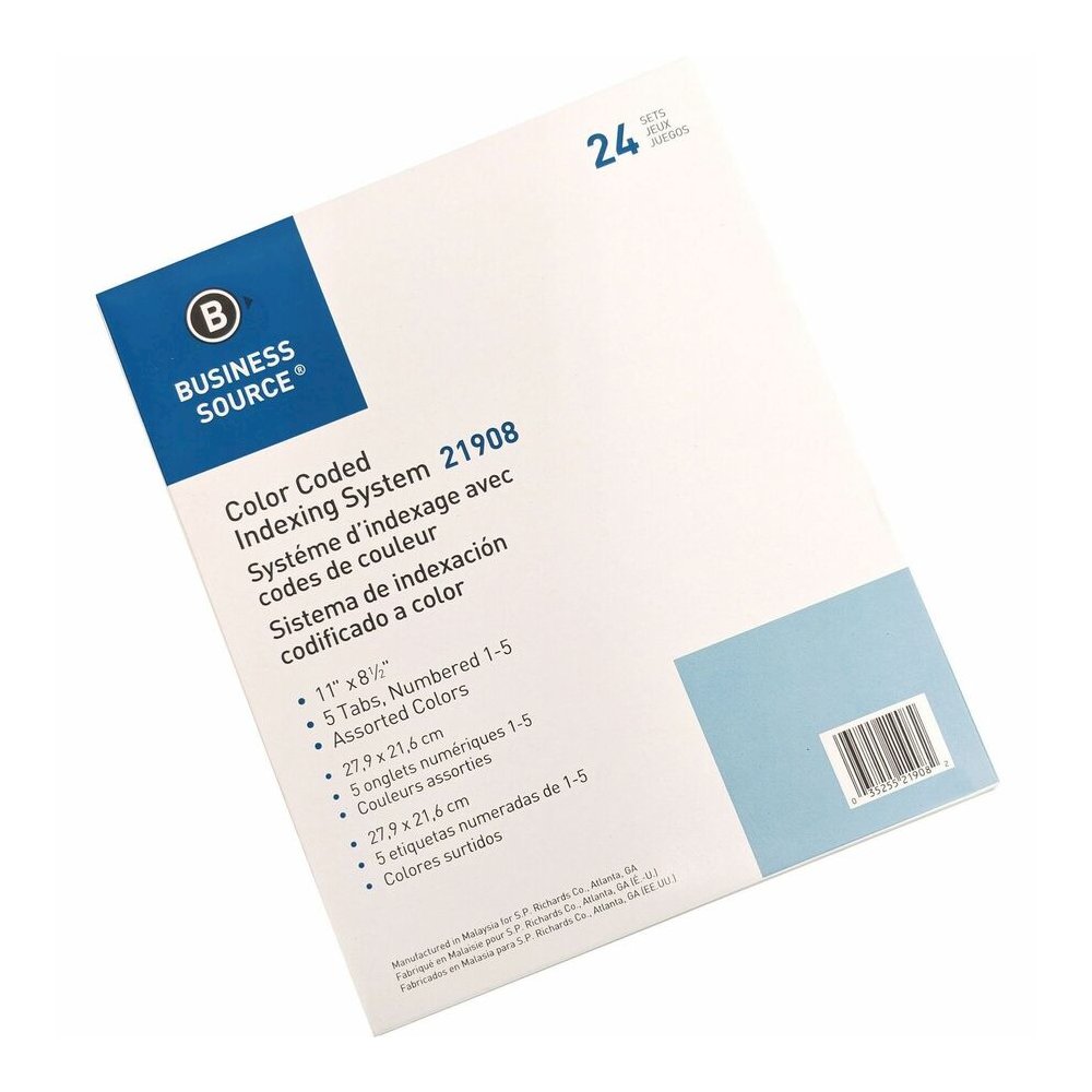 Business Source Color-coded Table of Contents/Tabs Index Dividers - Printed Tab(s) - Digit - 1-5 - 5 Tab(s)/Set - 3 Hole Punched - White Divider - Multicolor Mylar Tab(s) - 1 Box. Picture 5