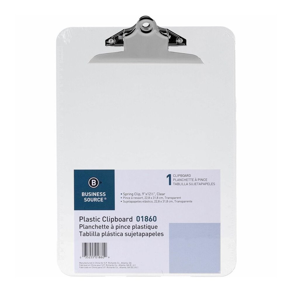 Business Source Spring Clip Plastic Clipboard - 8 1/2" x 11" Sheet Size - Spring Clip - Plastic - Clear - 12 / Box. Picture 4