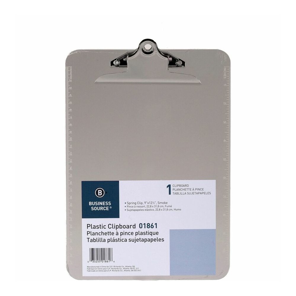 Business Source Spring Clip Plastic Clipboard - 8 1/2" x 11" Sheet Size - Spring Clip - Plastic - Smoke - 12 / Box. Picture 4