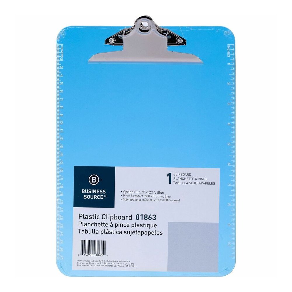 Business Source Spring Clip Plastic Clipboard - 8 1/2" x 11" Sheet Size - Spring Clip - Plastic - Blue - 12 / Box. Picture 4