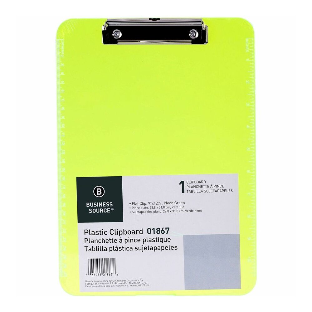 Business Source Flat Clip Clipboard - 9" x 12" Sheet Size - Plastic - Neon Green - 6 / Bundle. Picture 5