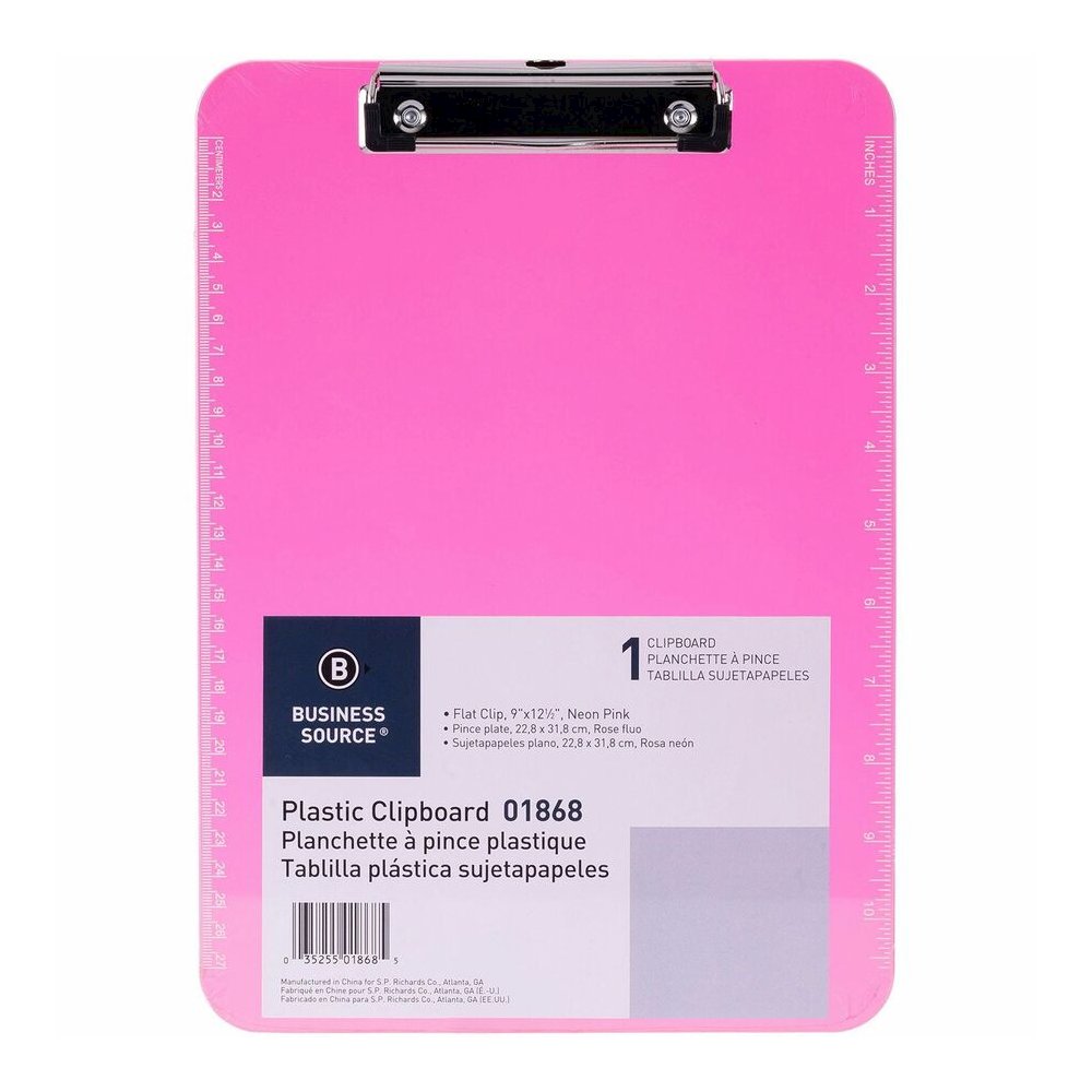 Business Source Flat Clip Clipboard - 9" x 12" Sheet Size - Plastic - Neon Pink - 6 / Bundle. Picture 4